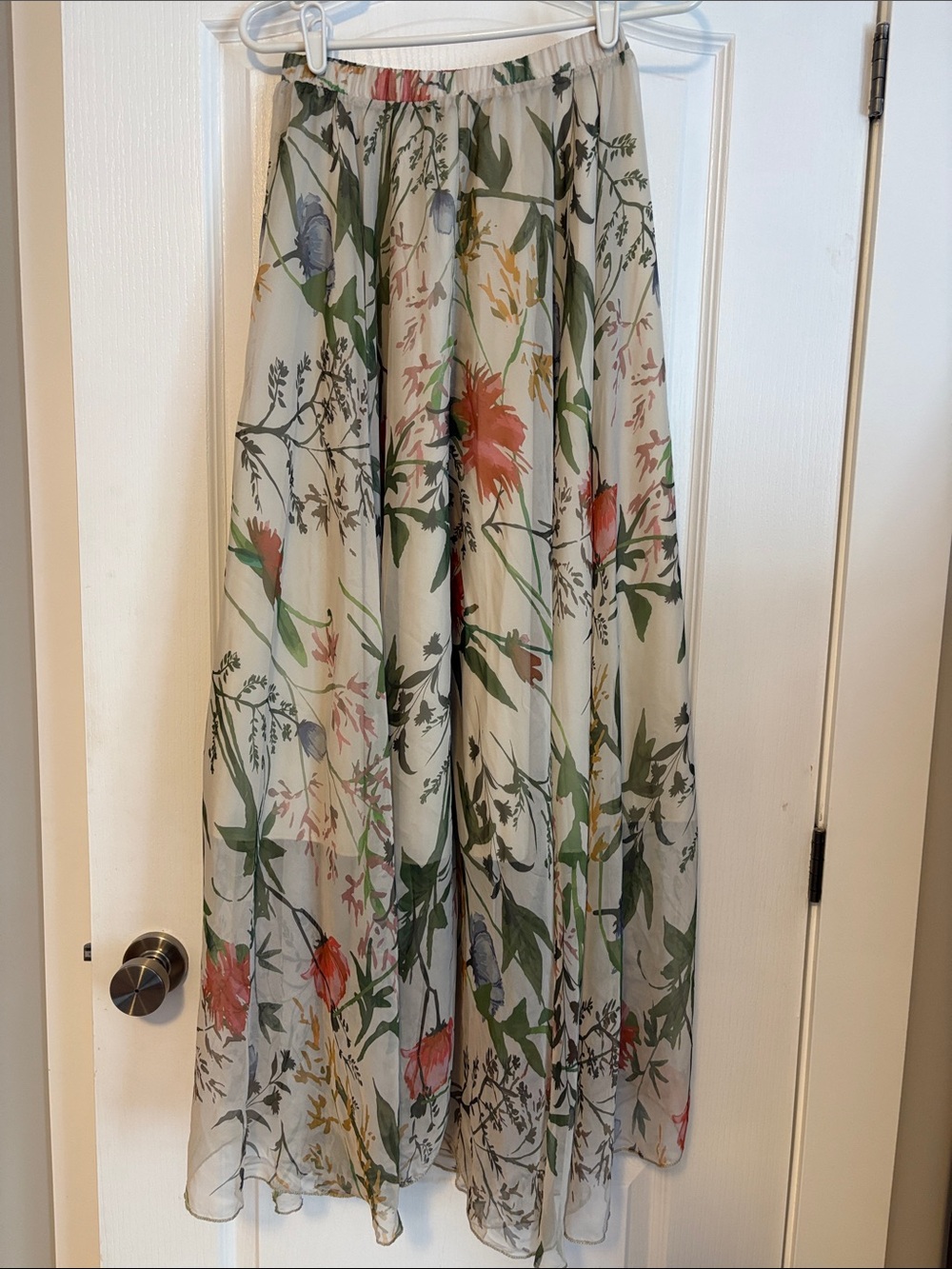 Chicwish Floral Chiffon Maxi Skirt - Cream with Green & Pink Accents